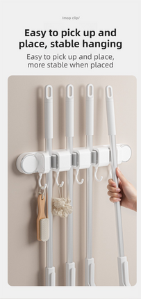Grey Vacuum Suction Cup Mop & Broom Holder with 3 Roller Clips + 4 Hooks - Heavy Duty Waterproof Rack for Bathroom & Kitchen