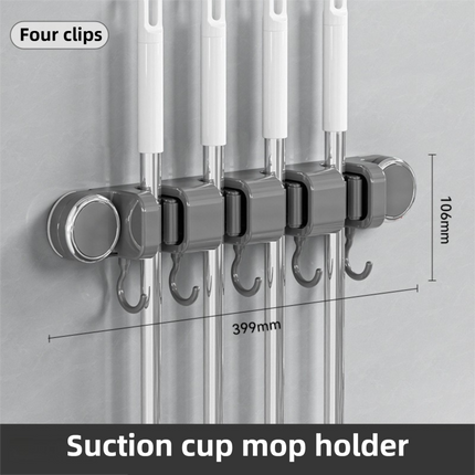 Grey Vacuum Suction Cup Mop & Broom Holder with 4 Roller Clips + 5 Hooks - Heavy Duty Waterproof Rack for Bathroom & Kitchen