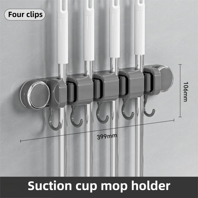 Grey Vacuum Suction Cup Mop & Broom Holder with 4 Roller Clips Plus 5 Hooks