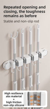 Grey Vacuum Suction Cup Mop & Broom Holder with 4 Roller Clips + 5 Hooks - Heavy Duty Waterproof Rack for Bathroom & Kitchen