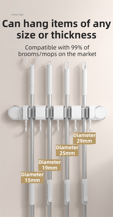 Grey Vacuum Suction Cup Mop & Broom Holder with 4 Roller Clips + 5 Hooks - Heavy Duty Waterproof Rack for Bathroom & Kitchen