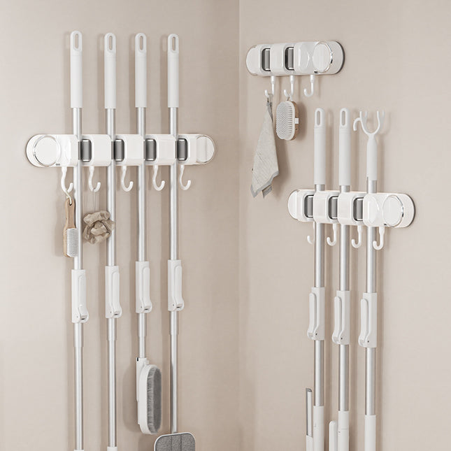 White Vacuum Suction Cup Mop & Broom Storage Rack Combination(3-Size 2 Clips Plus 3 Clips Plus 4