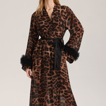 Women's Sexy Leopard Long Sleeve Print Satin Robe - Breathable Luxury Satin Chiffon Housecoat & Long Elegant Morning Gown