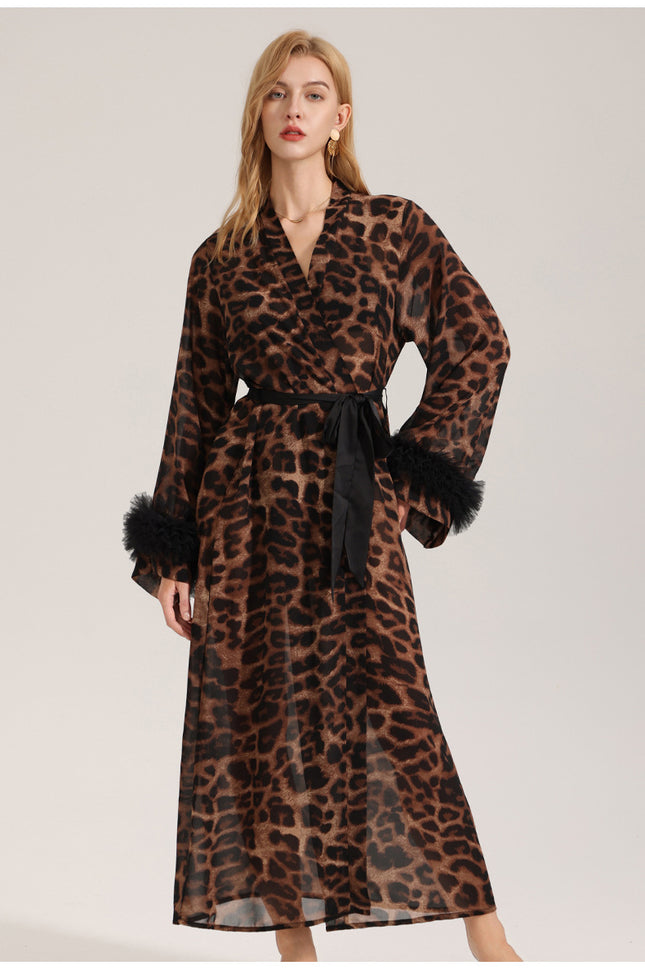 Women's Sexy Leopard Long Sleeve Print Satin Robe