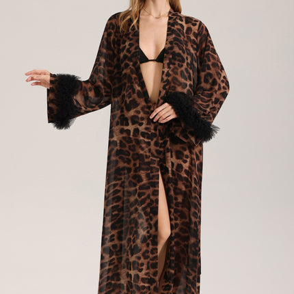 Women's Sexy Leopard Long Sleeve Print Satin Robe - Breathable Luxury Satin Chiffon Housecoat & Long Elegant Morning Gown