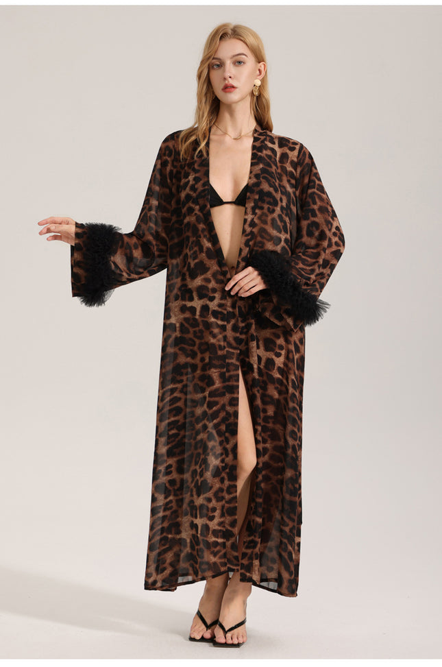Women's Sexy Leopard Long Sleeve Print Satin Robe – product detail