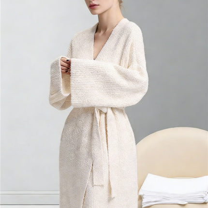 Beige Women's Ultra-Soft Plush V-Neck Cardigan Robe - Extra Thick Half-Velvet Warm Housecoat & Outdoor Wearable Sleepwear