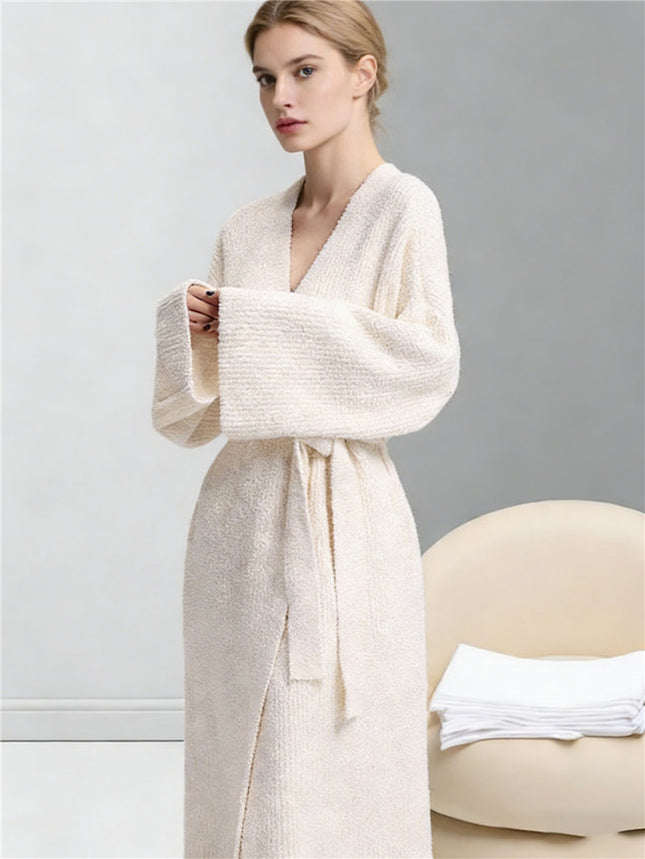 Beige Women's Ultra-Soft Plush V-Neck Cardigan Robe – product detail