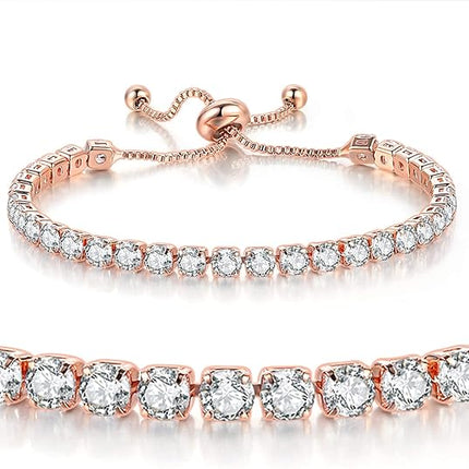 Rose Gold High-Sparkle Cubic Zirconia Single Row Iced-Out Tennis Bracelet (5.7" to 11.3") - Minimalist Geometric Dainty Jewelry