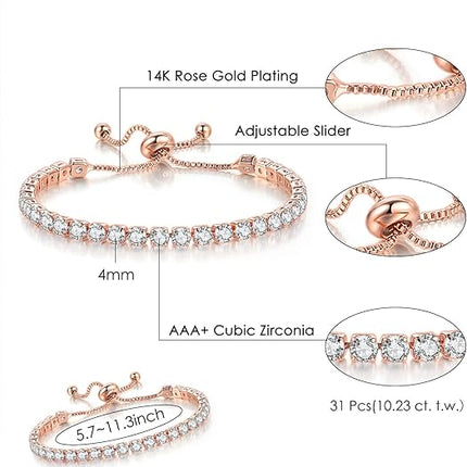 Rose Gold High-Sparkle Cubic Zirconia Double Row Iced-Out Tennis Bracelet (5.7" to 11.3") - Minimalist Geometric Dainty Jewelry