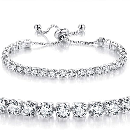 Silver High-Sparkle Cubic Zirconia Iced-Out Tennis Bracelet of Single Row & Double Row (5.7" to 11.3") - Minimalist Geometric Dainty Jewelry