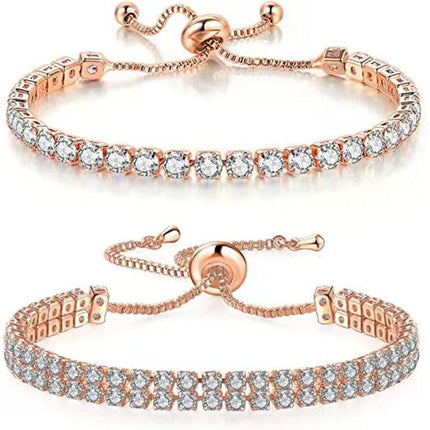 Rose Gold High-Sparkle Cubic Zirconia Iced-Out Tennis Bracelet of Single Row & Double Row (5.7" to 11.3") - Minimalist Geometric Dainty Jewelry