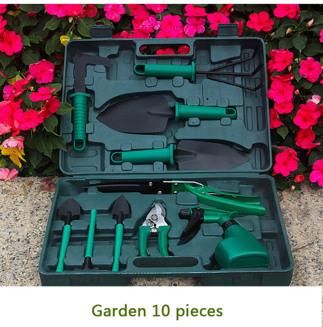 10-Piece Green Professional Garden Tool Set with Carrying Case
