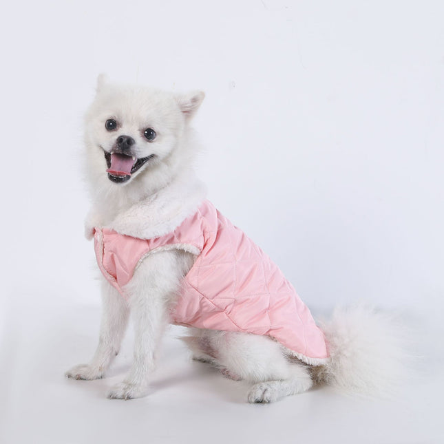 L Size Pink Winter Padded Cotton Dog Thermal Plaid Vest with Faux Fur Collar