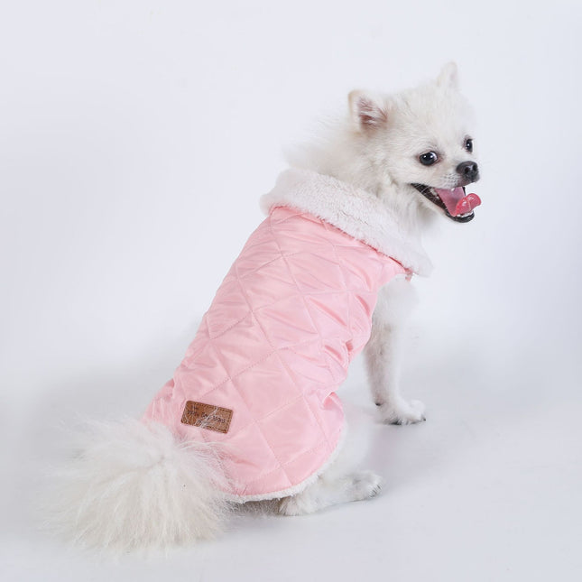 L Size Pink Winter Padded Cotton Dog Thermal Plaid Vest with Faux Fur Collar – product detail