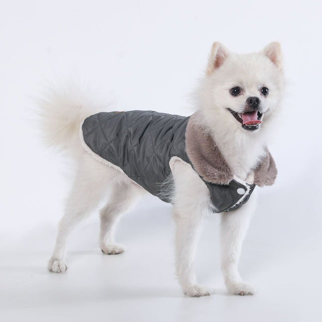 M Size Grey Winter Padded Cotton Dog Thermal Plaid Vest with Faux Fur Collar