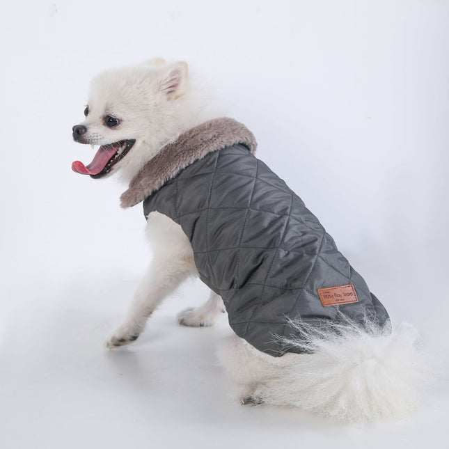 M Size Grey Winter Padded Cotton Dog Thermal Plaid Vest with Faux Fur Collar – product detail