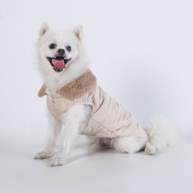 M Size Beige Winter Padded Cotton Dog Thermal Plaid Vest with Faux Fur Collar