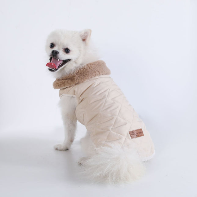 M Size Beige Winter Padded Cotton Dog Thermal Plaid Vest with Faux Fur Collar – product detail
