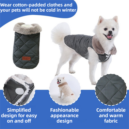 L Size Beige Winter Padded Cotton Dog Thermal Plaid Vest with Faux Fur Collar - Thick Fleece-Lined Warm Pet Jacket