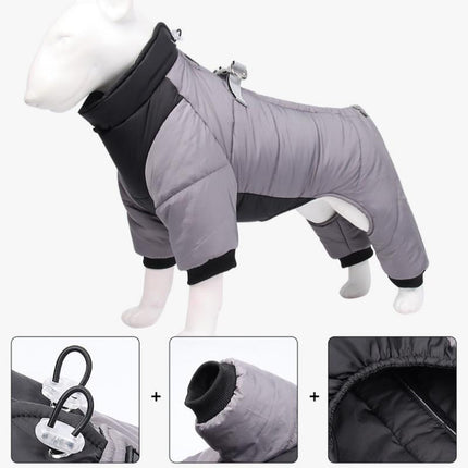 M Size Blue Winter Waterproof Dog 4 Leg Jumpsuit for Full Body Warmth - Reflective Windproof Pet Puffer Coat with Integrated Harness