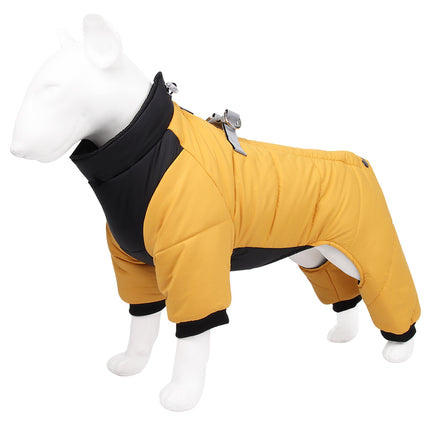 3XL Size Yellow Winter Waterproof Dog 4 Leg Jumpsuit for Full Body Warmth - Reflective Windproof Pet Puffer Coat with Integrated Harness