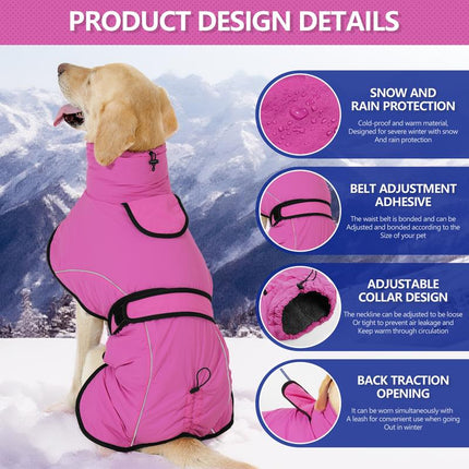 3XL Size Rose Red Winter Waterproof Dog Puffer Vest with Adjustable Neckline / Belt and Leash Access - Reflective Long-Pile Fleece Lined Warm Cloak