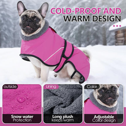 3XL Size Rose Red Winter Waterproof Dog Puffer Vest with Adjustable Neckline / Belt and Leash Access - Reflective Long-Pile Fleece Lined Warm Cloak