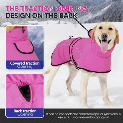 3XL Size Rose Red Winter Waterproof Dog Puffer Vest with Adjustable Neckline / Belt and Leash Access - Reflective Long-Pile Fleece Lined Warm Cloak