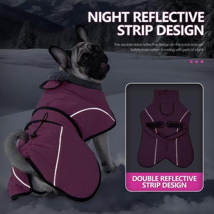 3XL Size Rose Red Winter Waterproof Dog Puffer Vest with Adjustable Neckline / Belt and Leash Access - Reflective Long-Pile Fleece Lined Warm Cloak