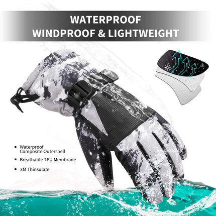 2-Pair Winter Waterproof Touchscreen Ski Gloves - Anti-Slip Thermal Mitts for Men & Women (Black & Blue Graffiti Print)