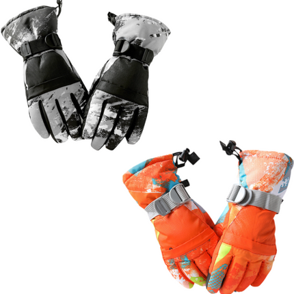 2-Pair Winter Waterproof Touchscreen Ski Gloves - Anti-Slip Thermal Mitts for Men & Women (Black & Orange Graffiti Print)