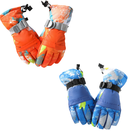 2-Pair Winter Waterproof Touchscreen Ski Gloves - Anti-Slip Thermal Mitts for Men & Women (Blue & Orange Graffiti Print)