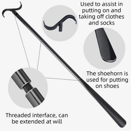 2-Pack Black Portable Dressing Aid Stick & Long-Handled Shoe Horn (3-Section Detachable) - Adjustable 62cm-88cm Dressing Hook for Seniors & Limited Mobility