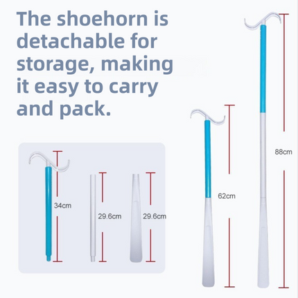 2-Pack Black Portable Dressing Aid Stick & Long-Handled Shoe Horn (3-Section Detachable) - Adjustable 62cm-88cm Dressing Hook for Seniors & Limited Mobility