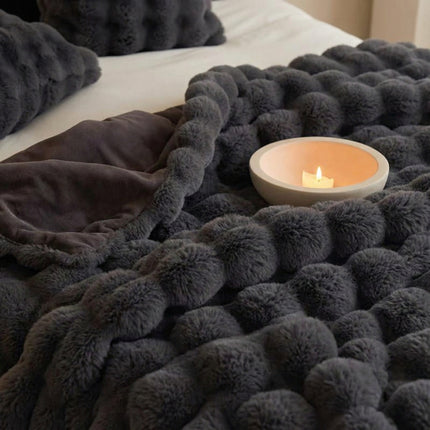 Black Grey Luxury Tuscany Fleece Rabbit Fur Bubble Blanket - Double-Sided Thickened Soft Plush Large Bedding Set(180x200 CM Large Blanket + 2 Pack 45x45 CM Cushion Cover)