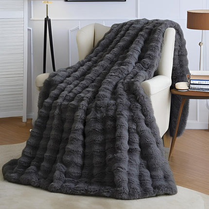 Black Grey Luxury Tuscany Fleece Rabbit Fur Bubble Blanket - Double-Sided Thickened Soft Plush Large Bedding Set(180x200 CM Large Blanket + 2 Pack 45x45 CM Cushion Cover)