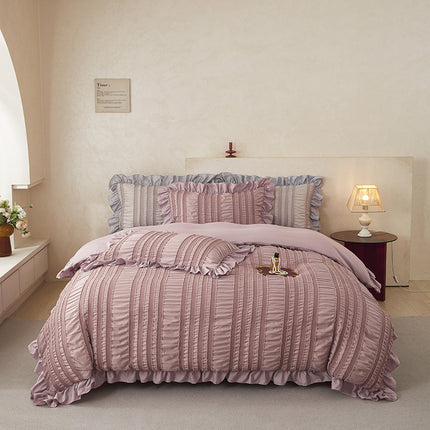 Pink Elegant Ruffle Seersucker Duvet Cover with 2PCS Pillow Shams - 3-Piece Vertical Stripe Clipped Floral Textured Bedding (Full Size 200 x 229 CM)