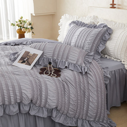 Pink Elegant Ruffle Seersucker Duvet Cover with 2PCS Pillow Shams - 3-Piece Vertical Stripe Clipped Floral Textured Bedding (Queen Size 229 x 229 CM)