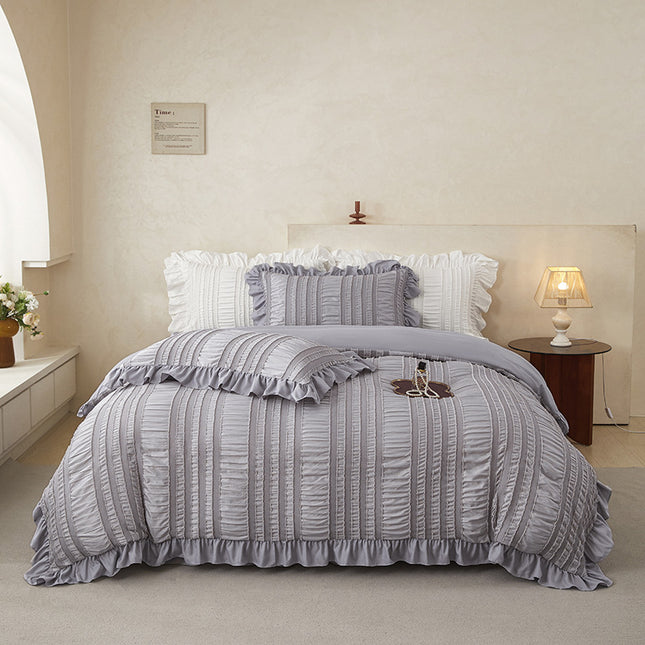 Grey Elegant Ruffle Seersucker Duvet Cover with 2PCS Pillow Shams
