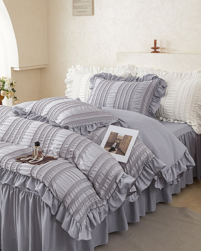 Grey Elegant Ruffle Seersucker Duvet Cover with 2PCS Pillow Shams – product detail