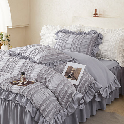 Grey Elegant Ruffle Seersucker Duvet Cover with 2PCS Pillow Shams - 3-Piece Vertical Stripe Clipped Floral Textured Bedding (Full Size 200 x 229 CM)