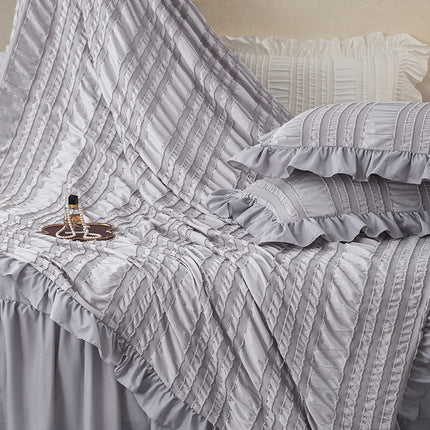 Beige Elegant Ruffle Seersucker Duvet Cover with 2PCS Pillow Shams - 3-Piece Vertical Stripe Clipped Floral Textured Bedding (Queen Size 229 x 229 CM)