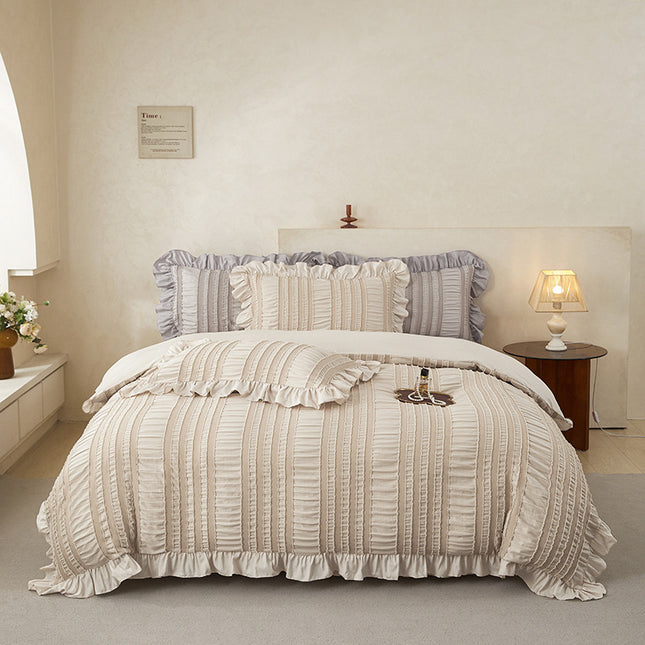 Beige Elegant Ruffle Seersucker Duvet Cover with 2PCS Pillow Shams
