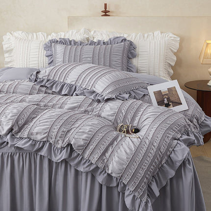 Black Elegant Ruffle Seersucker Duvet Cover with 2PCS Pillow Shams - 3-Piece Vertical Stripe Clipped Floral Textured Bedding (King Size 264 x 229 CM)