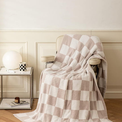Khaki and White Premium Knitted Checkerboard Throw Blanket(130 x 150 CM) - Soft Half-Velvet Fleece Nap Blanket, Couch Throw & Office Decorative Wrap