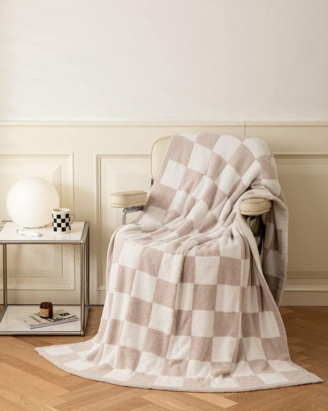 Khaki and White Premium Knitted Checkerboard Throw Blanket(130 x 150 CM)