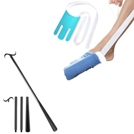 Portable Complete Independent Living Mobility Kit - No-Bend Three Finger Sock Aid & Black Extendable 3-in-1 Dressing Hook with Shoe Horn