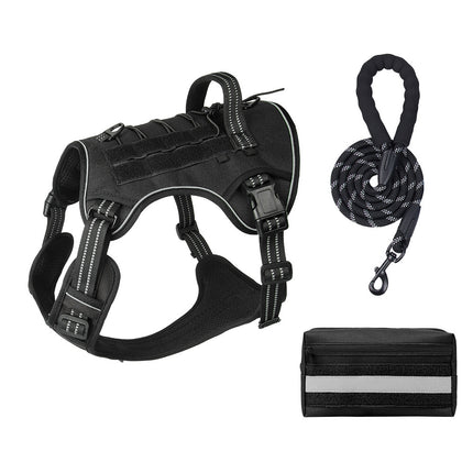 3-Piece Black Tactical Dog Harness Set (XL Size) - Heavy Duty No-Pull Vest with Detachable Tactical Pouch & Climbing Rope Leash