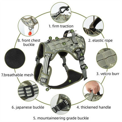 3-Piece Camouflage Tactical Dog Harness Set (S Size) - Heavy Duty No-Pull Vest with Detachable Tactical Pouch & Climbing Rope Leash